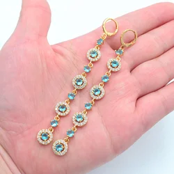 Fashion Gold Color Luxury Lake Blue Zircon CZ Long Round Drop Earrings Jewelry