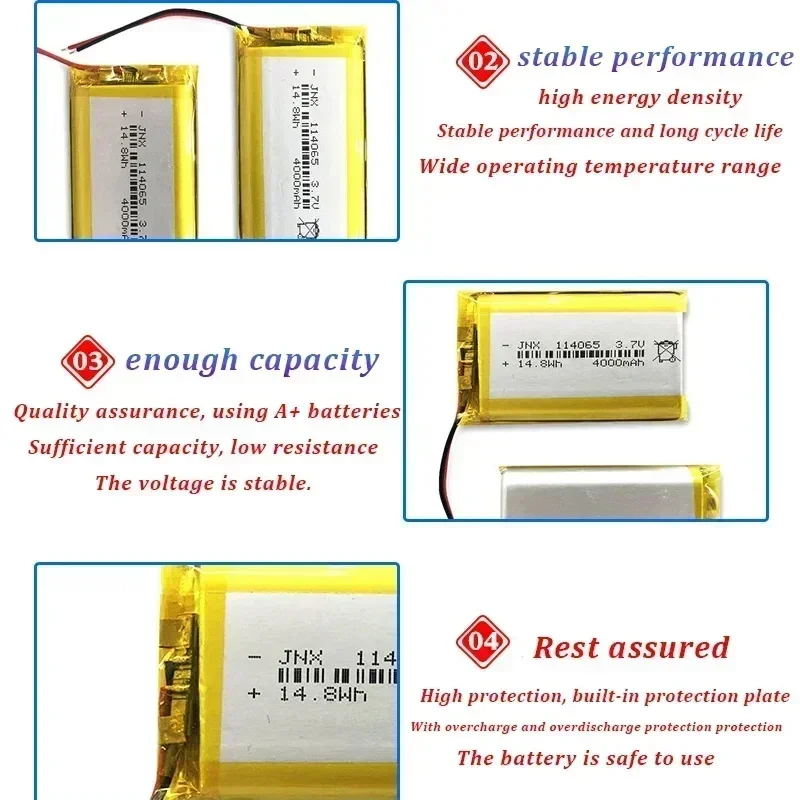 114065(Add Board Output Line) 3.7V 4000mAh Wholesale Polymer Lithium Battery Suitable for Bluetooth Speaker, Shaver