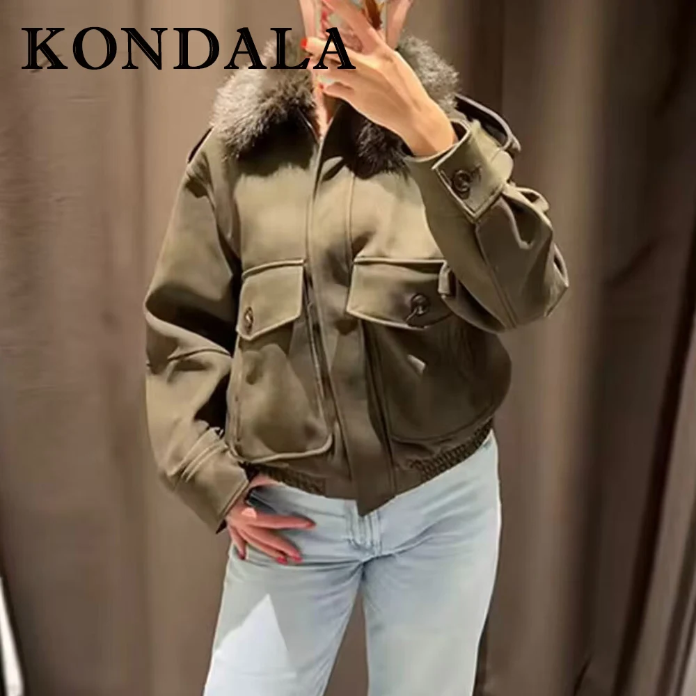 KONDALA Vintage Army Green 2025 Woman Jacket Zipper Fur Collar Chic Streetwear Fashion Autumn Packets Mujer Loose Button Outwear