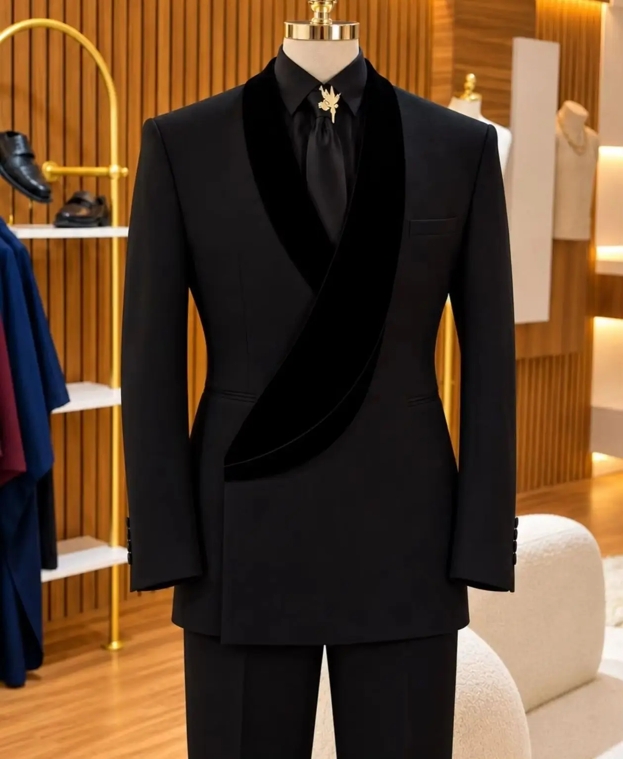 Black Formal Suit 2 Pieces Men Asymmetrical Velvet Lapel Tuxedo Blazer Pants Slim Fit Elegant Business Groom Wedding Customized