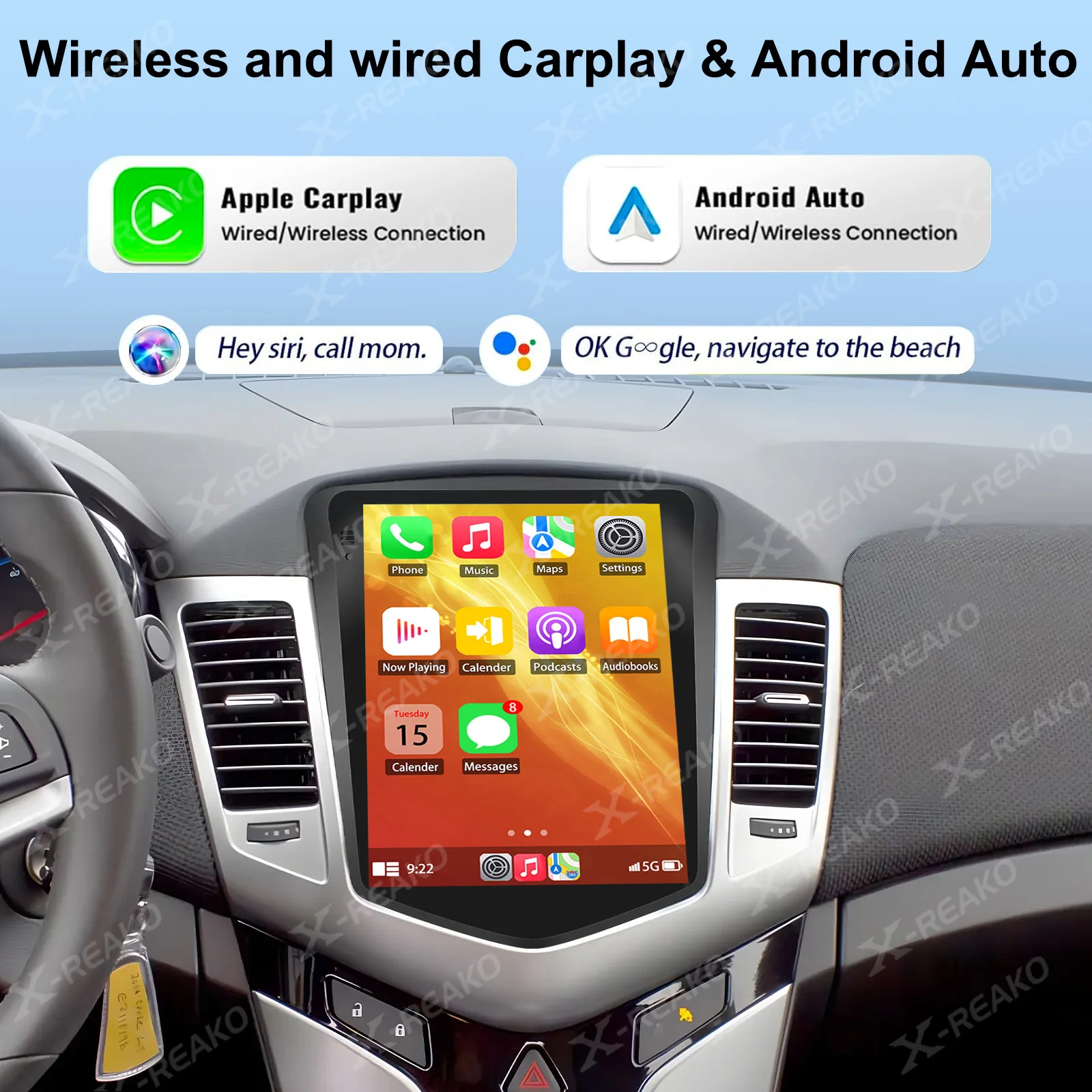 X-REAKO 9.7 بوصة أندرويد 12 Carplay Auto 4Core DSP لشروليه كروز 2008-2014 راديو السيارة الوسائط المتعددة مشغل فيديو Navigaion 2Din