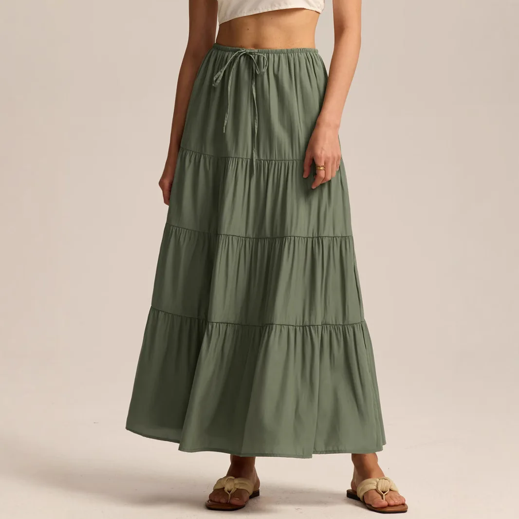 

2026 Women's Spring and Autumn New Daily High Waist Elastic Strap Large Swing Skirt Loose Spliced Half-length Skirt for Women