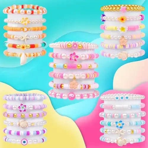 6PCS Clay Bead Bracelets for Teens Girls Preppy Cute Bracelets  Set Colorful Evil Eye Polymer Pearl Beaded Stretch Bracelets