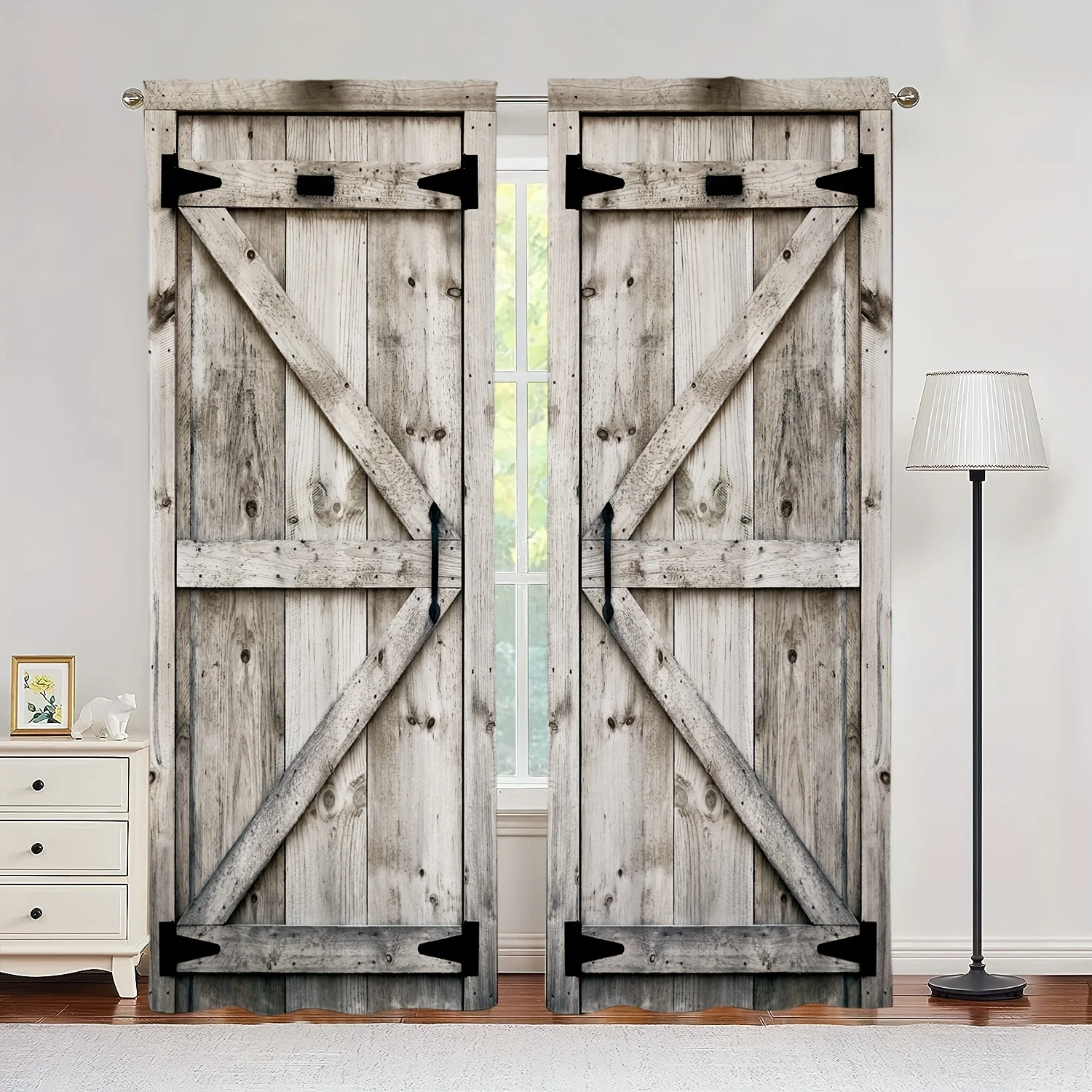 2pcs Rustic Window Curtain Old Wooden Barn Door Pattern Farmhouse Countryside Village Rural Print Curtain For Kitchen Room