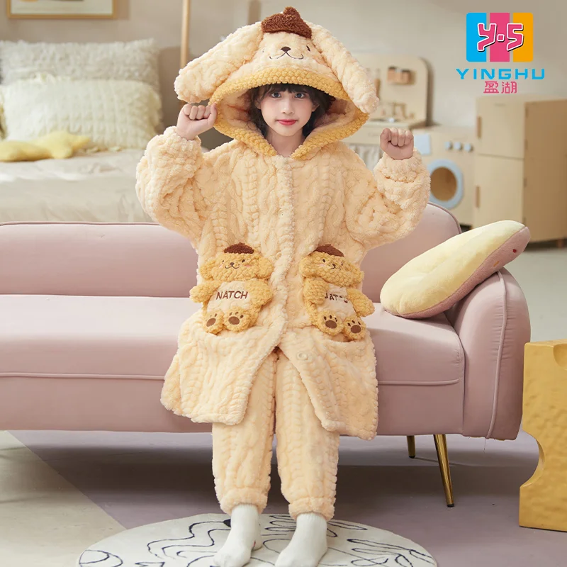

Winter Kawaii PomPomPurin Kuromi Sanrio Students Cute Cartoon Warm Robe Children Plush Pajamas Trousers Birthday Gift for Kids