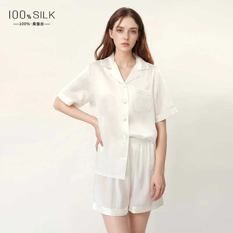 2025 Summer New Cross-border Silk Pajamas for Women - 100% Mulberry Silk Short-sleeve and Short-pants Loungewear Set that can be