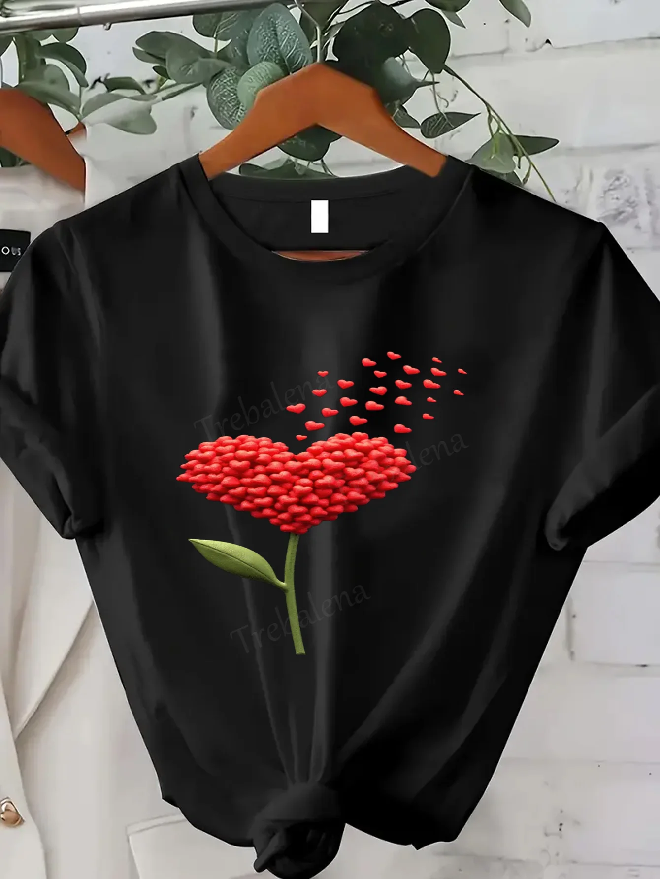Women T-shirt Sexy Heart Flower Print T-Shirt for Women, Romantic Casual Wear