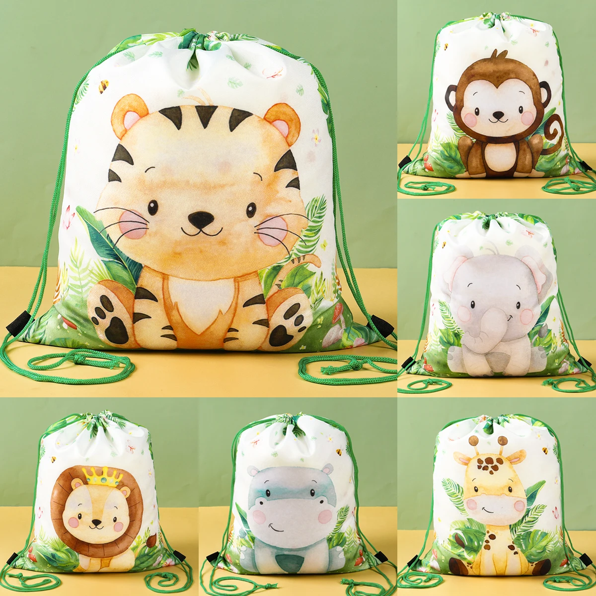 Bolsa no tejida de animales de la selva, regalos de cumpleaños, mochila escolar con cordón, bolsas de embalaje para fiesta de Baby Shower de Safari de bosque salvaje de dibujos animados