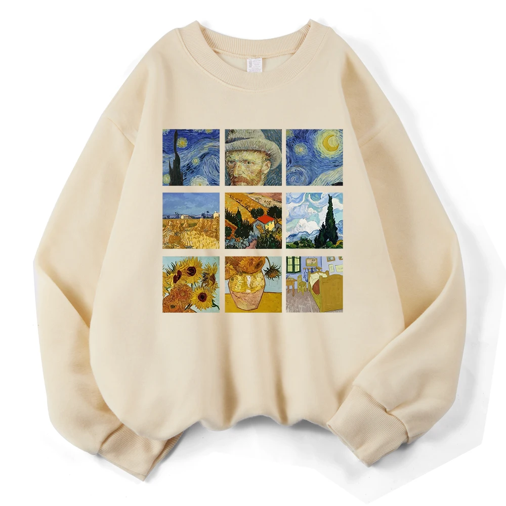 Felpa stampata Notte stellata di Van Gogh Felpa con cappuccio comoda da donna O-Collo in pile sciolto Pullover caldo Top casual da donna invernali