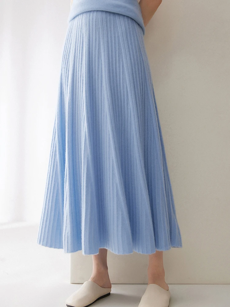 Autumn Winter 100% Pure Cashmere Women's High Waisted A-line Mid-calf Skirt Soild Wide Hem Pleated Knit Dress Versatile Elegant