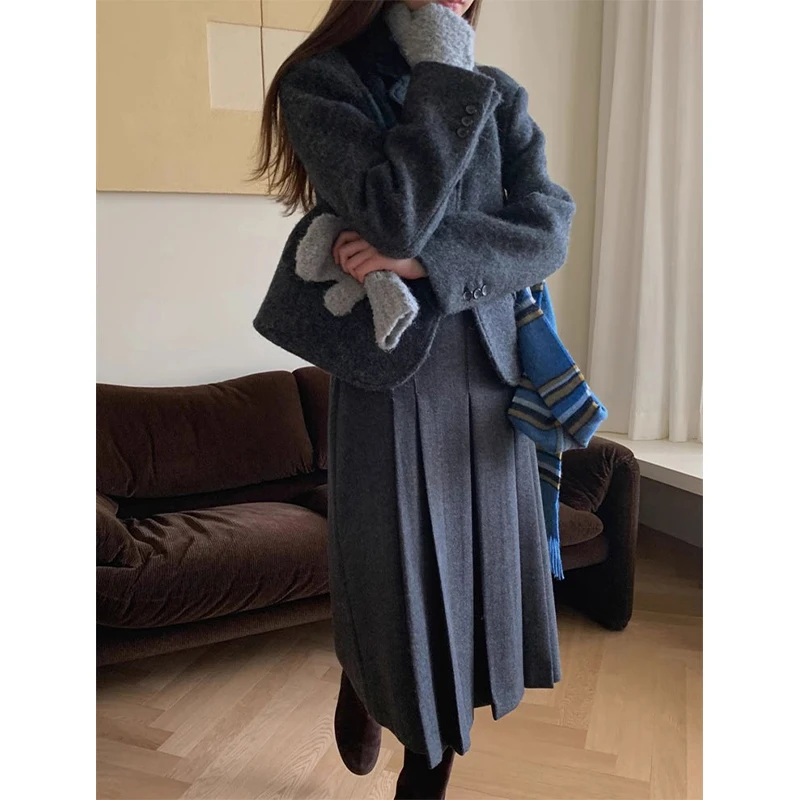 Retro Pendolare Coreano Dongdaemun 24 Autunno collare trench e trench abito di lana Jaet più gonna a pieghe Faion da donna