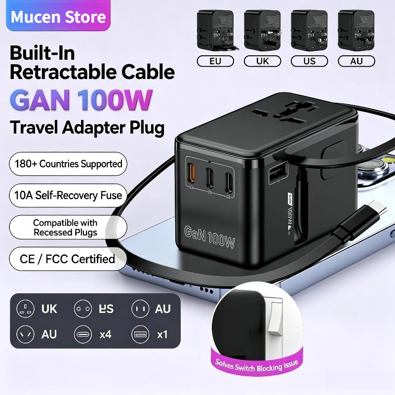 100W GaN Fast-Charging Travel Adapter with Retractable Cable – EU/US/UK/AU Plugs (Global Use)