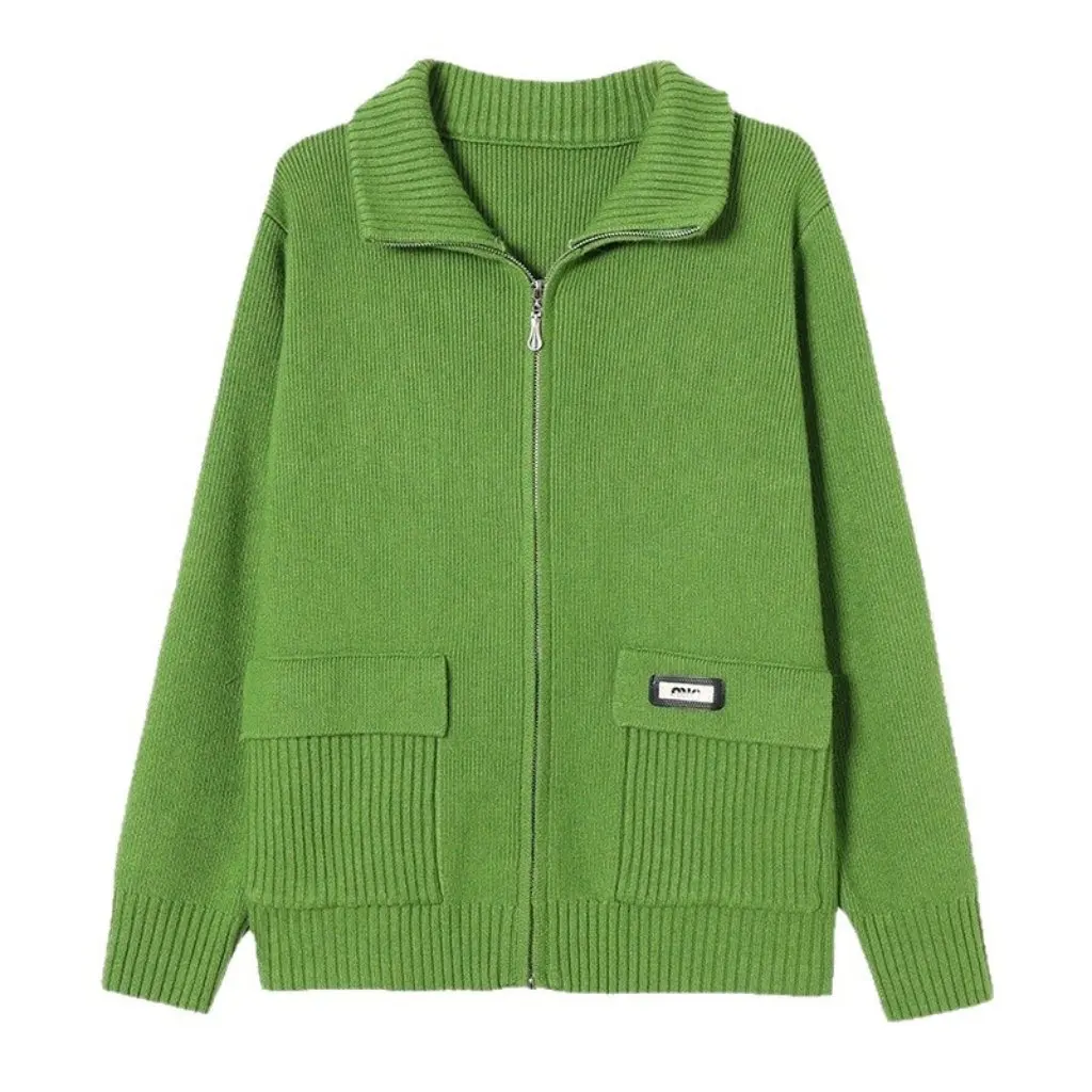 

Women's Lapel Zipper Sweater Jacket Loose Baseball Uniform Knitted Cardigan Spring Fall Outer Wear New Style