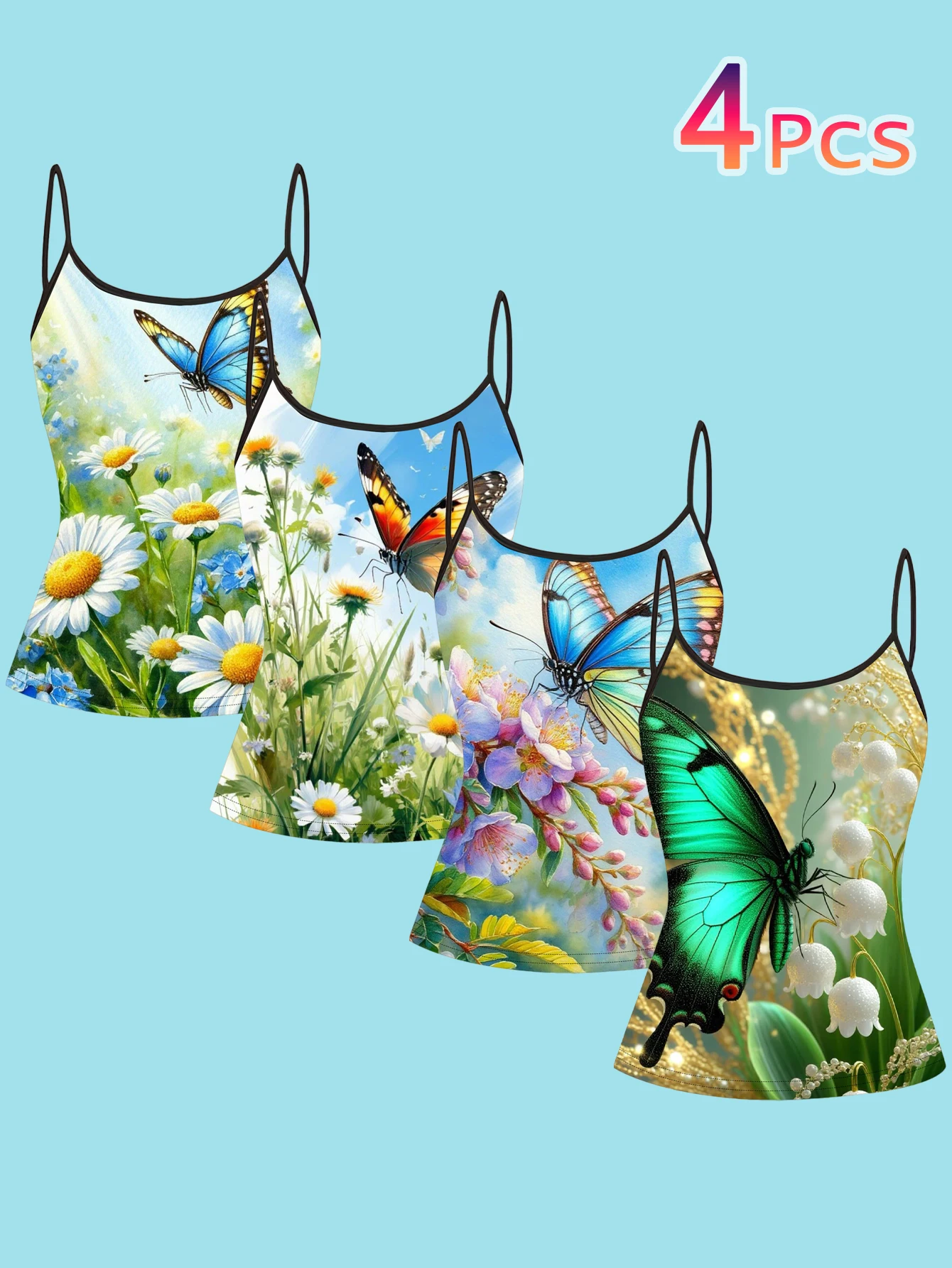 4-Piece Set of Realistic Watercolor Large Butterfly Wildflower Daisy Lily of the Valley Print Camisole for Women, Blue Morpho Monarch Butterfly Swallowtail Butterfly Fresh Summer Spaghetti Strap Waist-Cinching Slim-Fit Base Top, Cross-Border Picnic Outing Outerwear Camisole