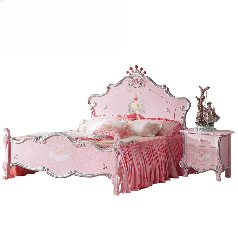 Solid wood carved double bed 1.5 meters pink bed princess bed bedroom furniture c