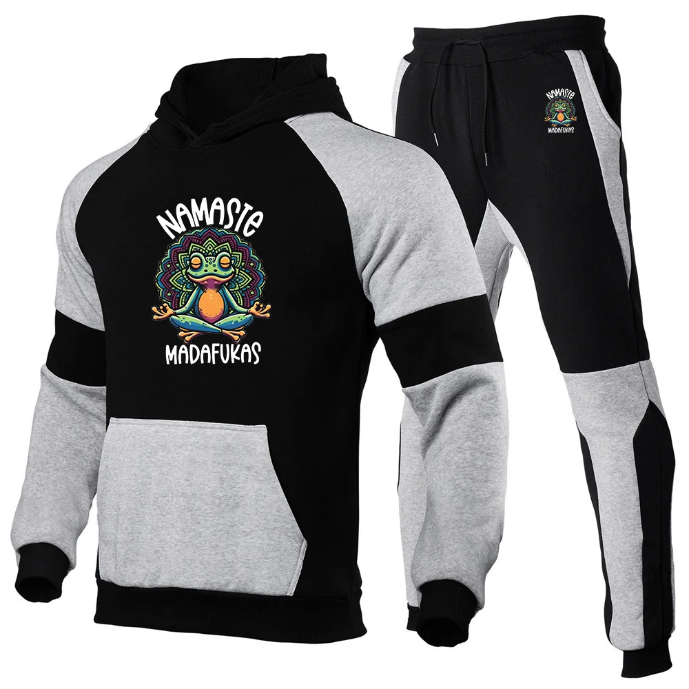 2025 Spring Autumn New Men's Funny Yoga Print Patchwork Color Set Cotton Hoodies Pullover+Casual Sweatpants Suit