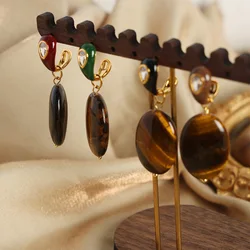 Multi Color Enamel Stainless Steel Dangle Earrings With Oval Natural Tiger Eye Stone Charm Stud Earring Ear Studs For Women