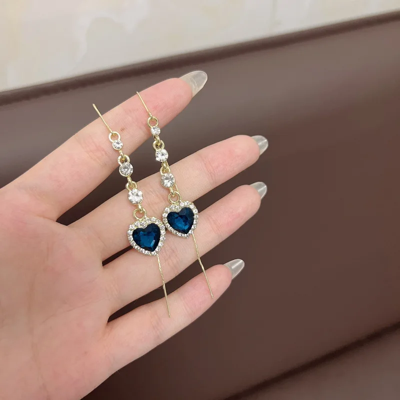 Exquisite Blue Heart Shaped Zircon Long Tassel Earrings for Women Elegant Luxury Ear Line Ladies Wedding Party Jewelry Gifts