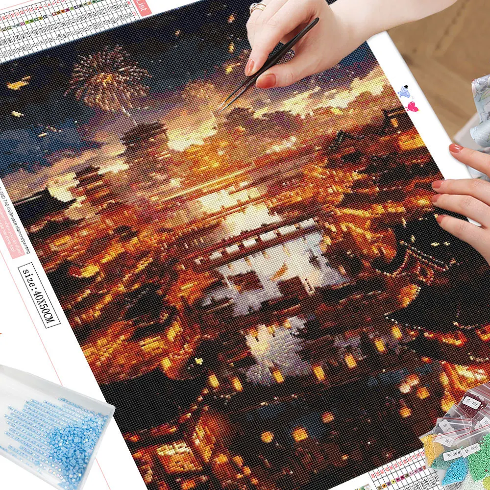 HUACAN Landscape Diamond Painting Temples Lanterns Full Square/Round Mosaic Night 5D DIY Paintings For Interior