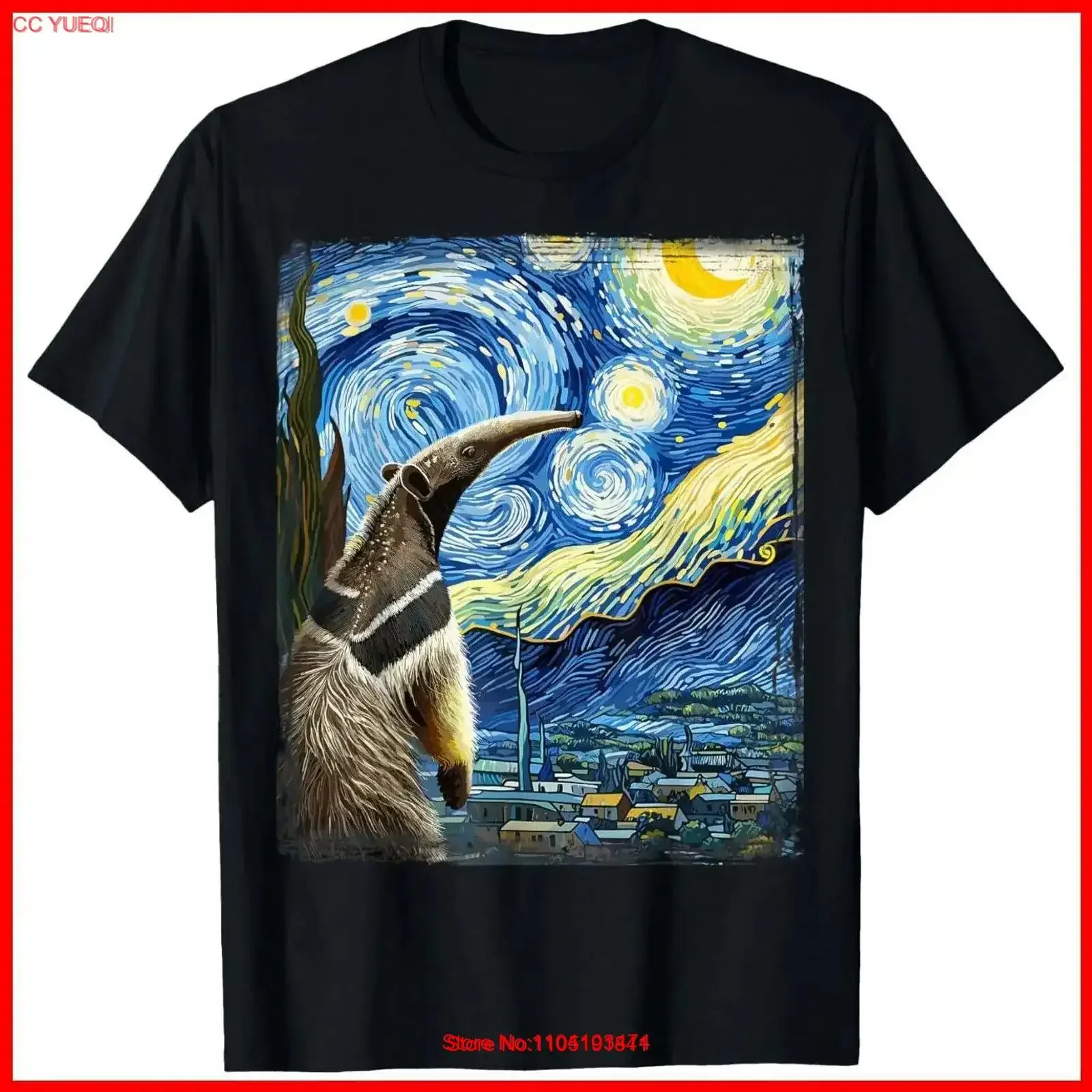 Van Gogh Style Starry Night Anteater Black Cotton T Shirt S 5XL vintage Washed graphic Unisex Slightly Versatile fashion