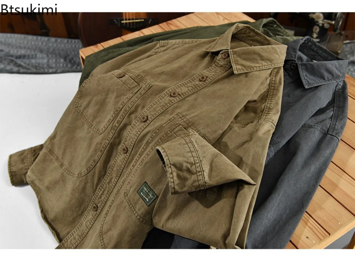 Classic Retro Cargo Shirts Men's 100% Cotton Long Sleeve Lapel Shirt Jackets Spring Autumn New Casual Cardigans Male Loose Tops