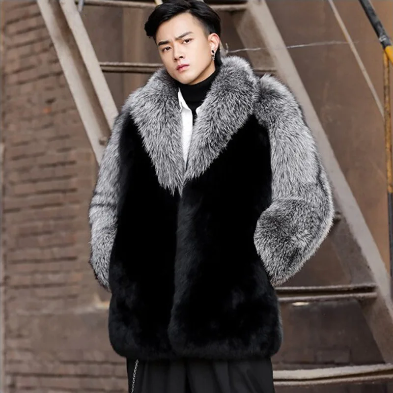 Autumn Winter Men Mid-length Faux Fur Coat Thick Warm Long Sleeve Trench Coat Business Casual Coat Brand Jackets Plus Size