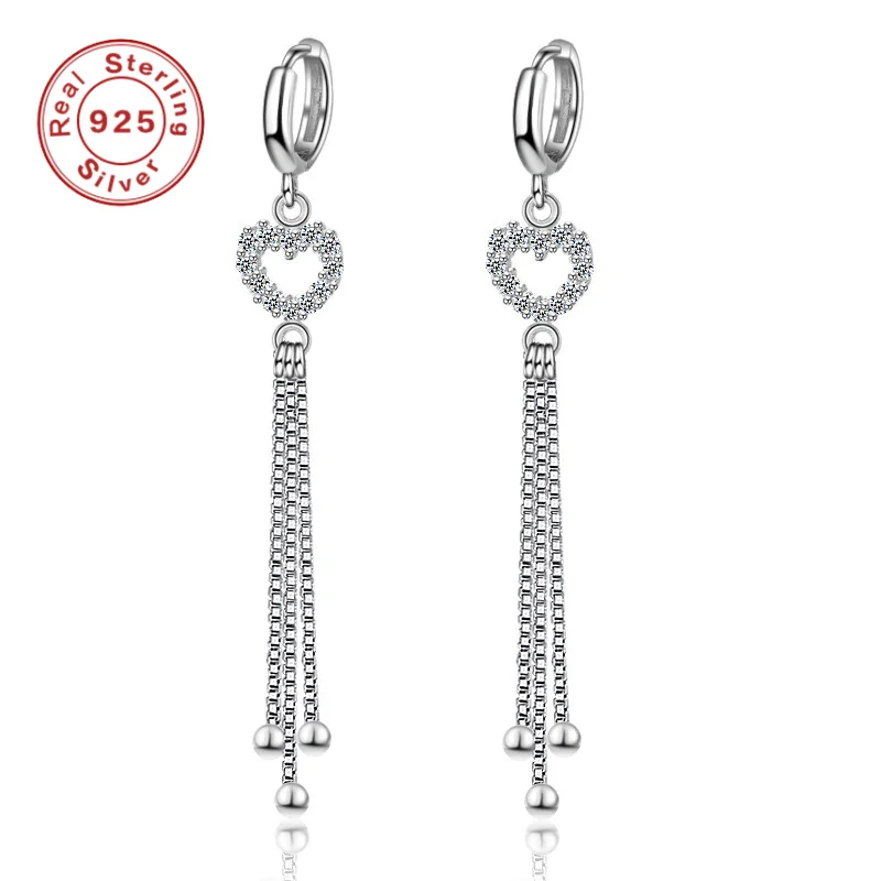

925 Sterling Silver Earrings Long Tassel Heart Set Diamond Earrings Ladies Fashion Simple Birthday Party Jewelry Gift