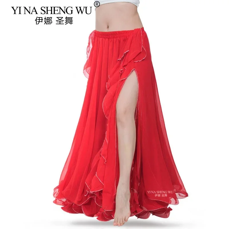 

Юбка для танца живота, шифоновая юбка с завитыми листьями и двойным разрезом, газовая юбка для взрослых женщин, юбка с высоким разрезом для практики выступлений