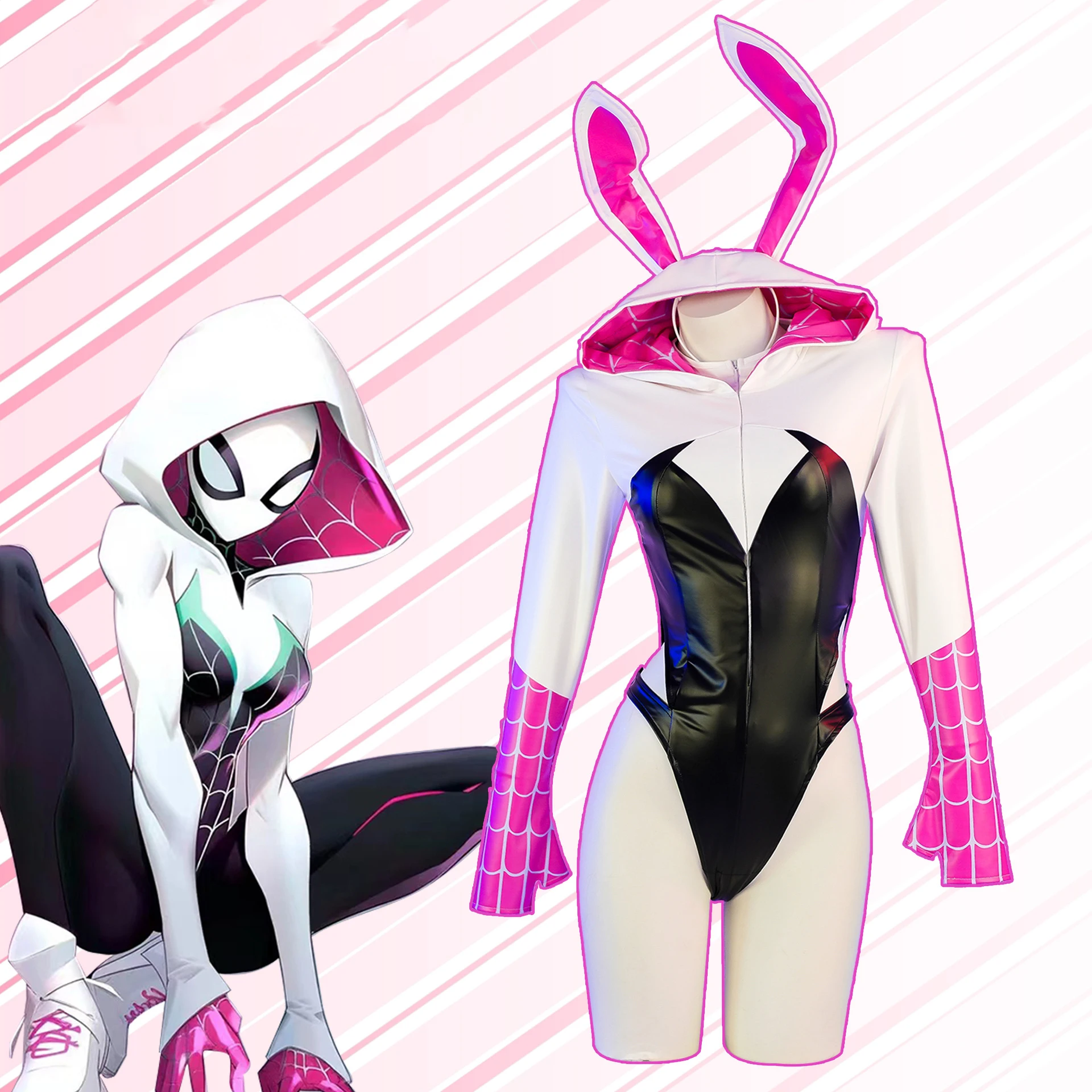 Anime Spider Women Gwen Cosplay Bunny Hooded Jumpsuit Halloween Movie Gwen Cosplay Costume Comic Rabbit Ears Leather Bodysuit