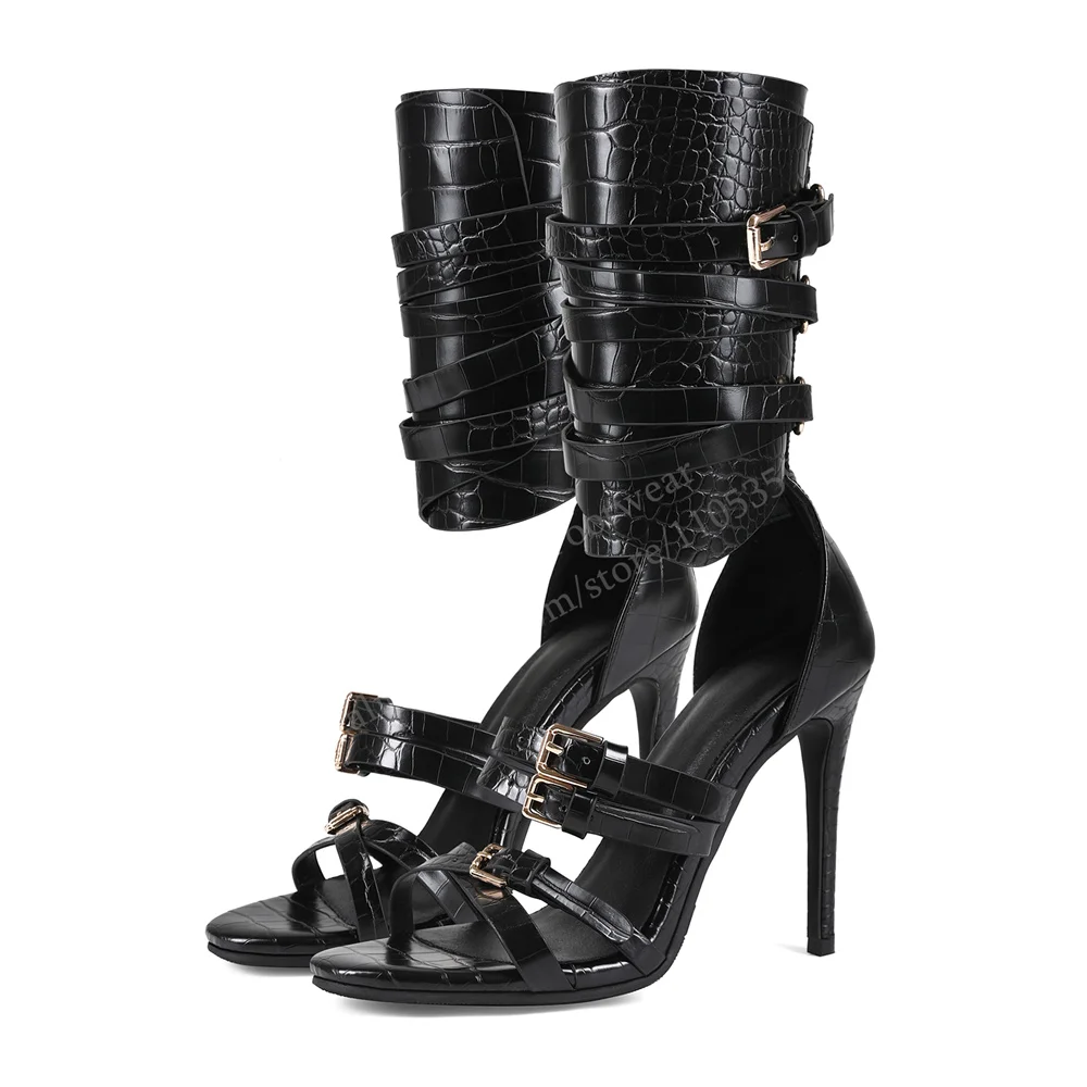 Black Crocodile Grain Strappy High Heel Sandals Women Sexy Round Toe Stiletto Heel Belt Buckle Back Zipper Gladiator Shoes view 6