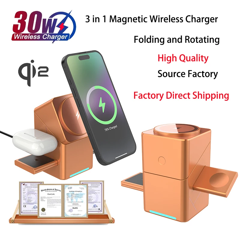 

Qi2 30 Вт Магнитная док-станция для беспроводной зарядки для iphone 17 16 15 14 13 Samsung S23 S24 Xiaomi OPPO Станция быстрой зарядки телефона