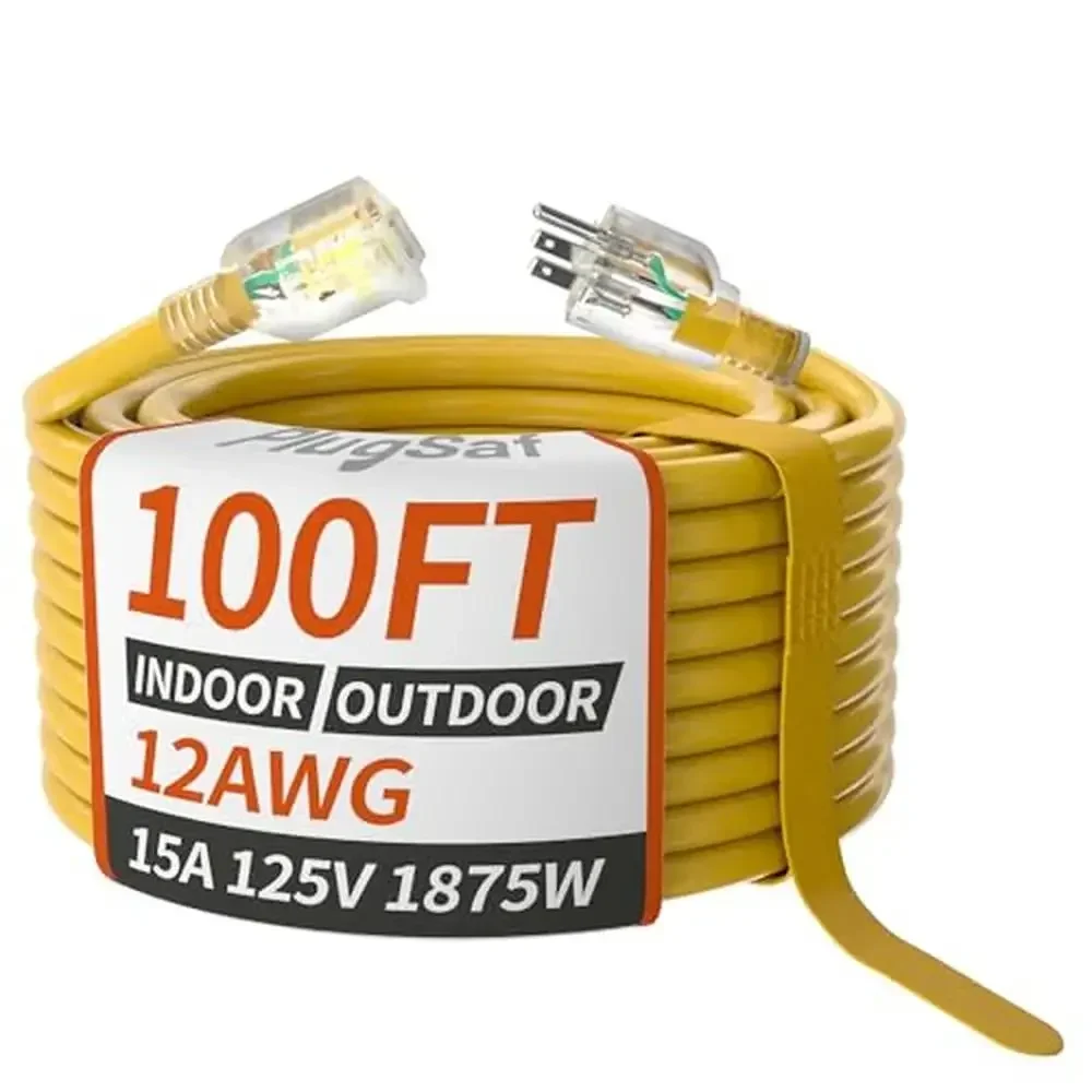

100ft 12/3 Gauge Waterproof Outdoor Extension Cord with Lighted Indicator Heavy Duty 15Amp 1875W SJTW Cord IP65 Weather-Proof &