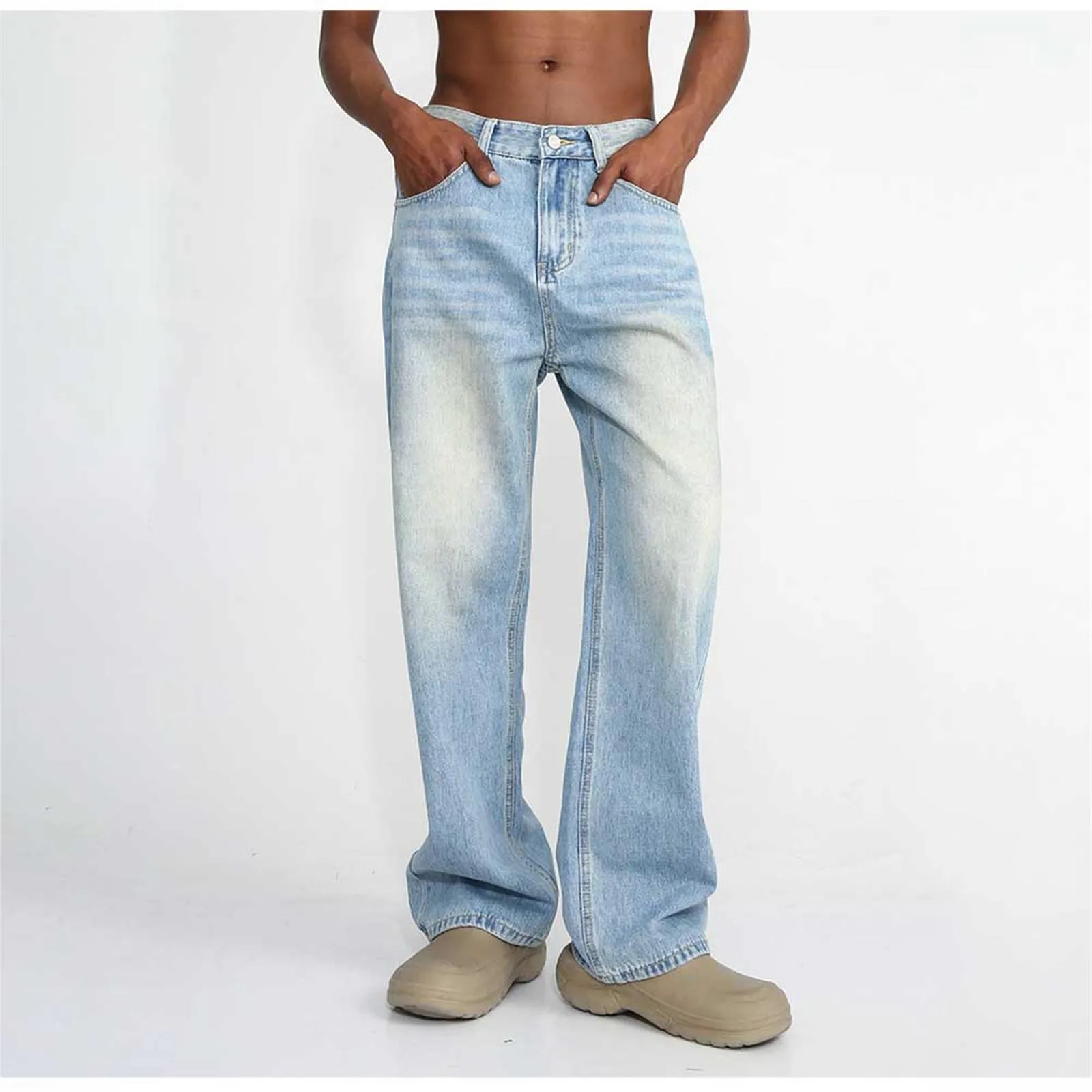 

Loose Stretch Men Denim Pants Casual Trendy Polished White Design Mid Waist Jeans Harajuku Vintage Denim Trousers Jean