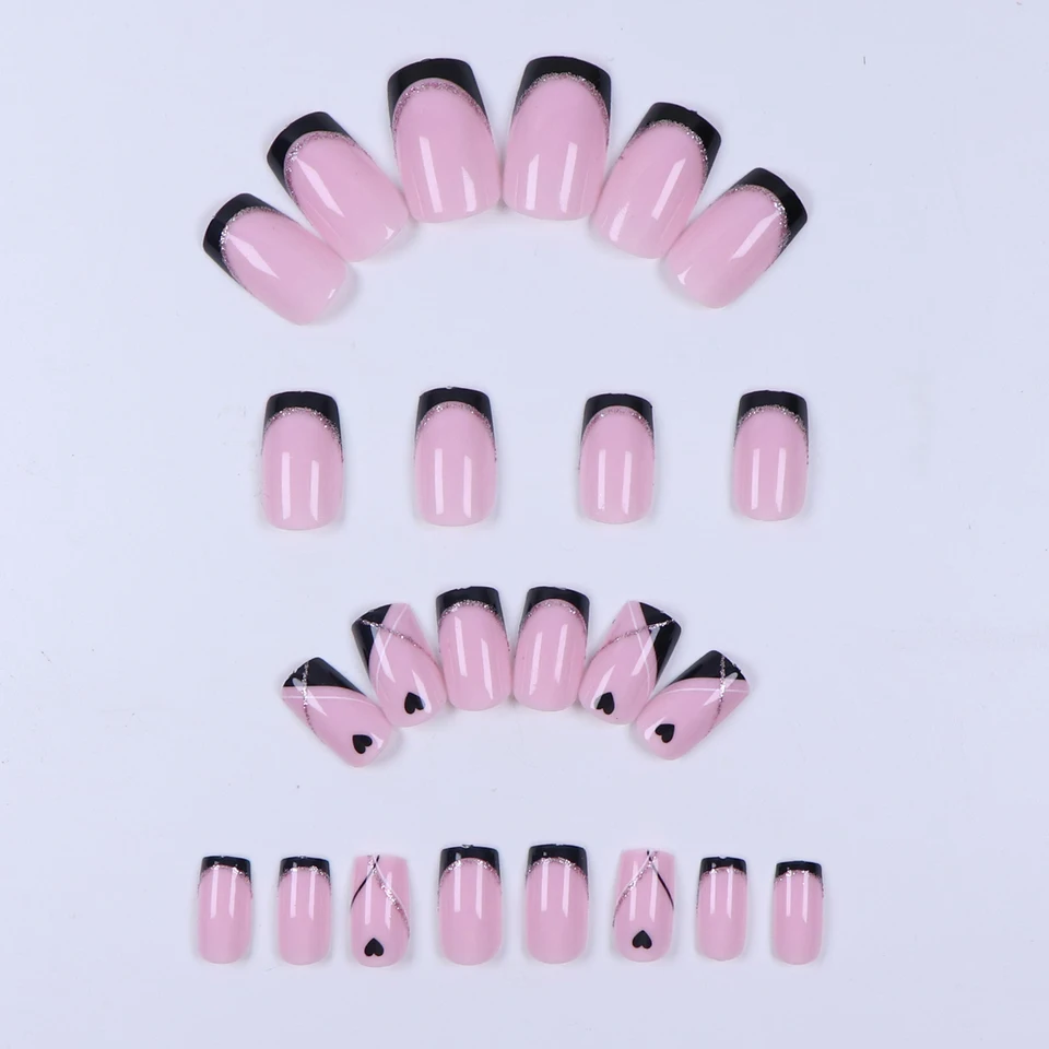 24 piezas de uñas postizas cuadradas negras, francesas, con patrón de corazones y brillantina plateada, reutilizables, incluye 1 pegamento tipo gel y 1 empujador de cutículas, para mujeres 2