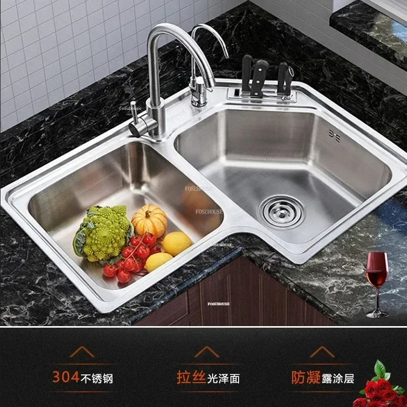 Fregaderos de cocina esquineros modernos de acero inoxidable, lavabo con doble ranura para el hogar, fregadero de cocina cepillado en forma de balcón, accesorios de cocina