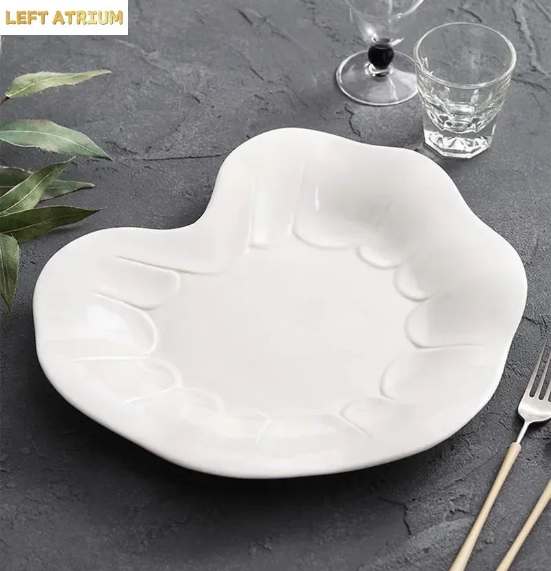 White Lotus Leaf Plate Ceramic Tableware Steak Plate Dessert Dish Italian Noodle Plate Salad Dish Artistic Conception Tableware
