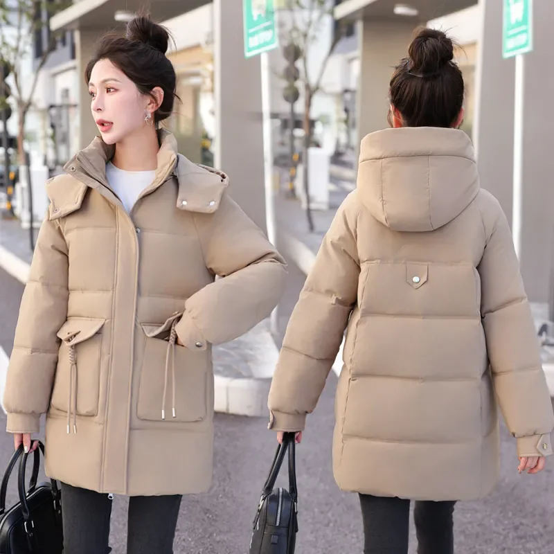 2025 New Winter Coats Women Warm Parkas Long Sleeve Tops Casual Hooded Cotton Padded Jackets Black Khaki Outerwear Female