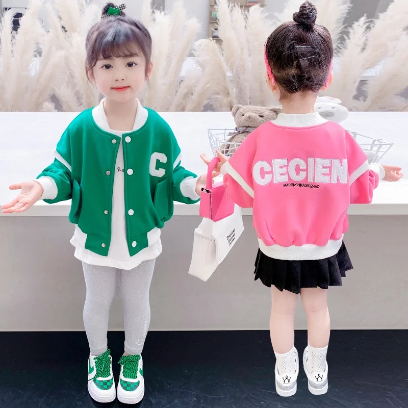 

Модная бейсбольная куртка с C-логотипом для девочек, весна-осень, новый стиль, хлопково-шелковый топ для малышей и детей