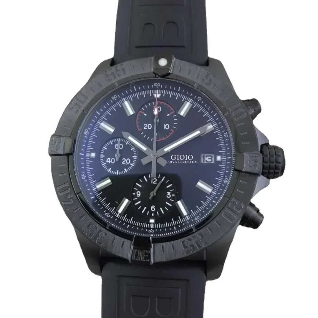 Luxury Mens Quartz Chronograph Watch Stopwatch Sapphire Rotatable Bezel Black Rubber Blue