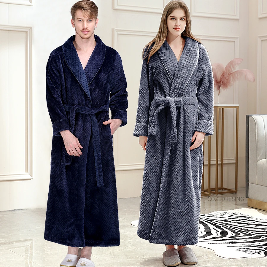 

Men Winter Extra Long Warm Pineapple Coral Fleece Bathrobe Plus Size Flannel Shower Bath Robe Pajamas Sleepwear Women Nightgown