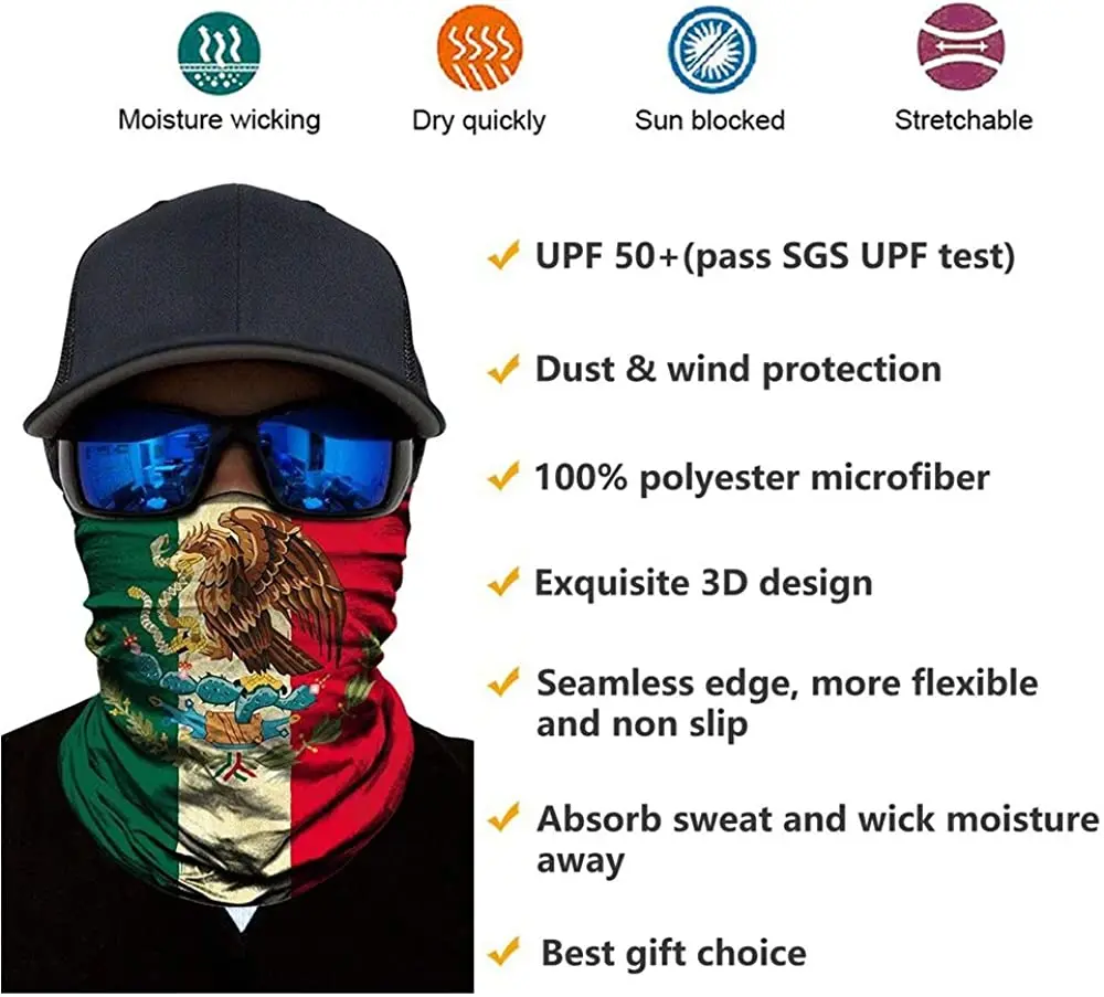 Mexico Flag Face Neck Gaiter Tube Magic Scarf Headband Multi-Used Headwear UV Bandana Balaclava Motorcycle Headwrap