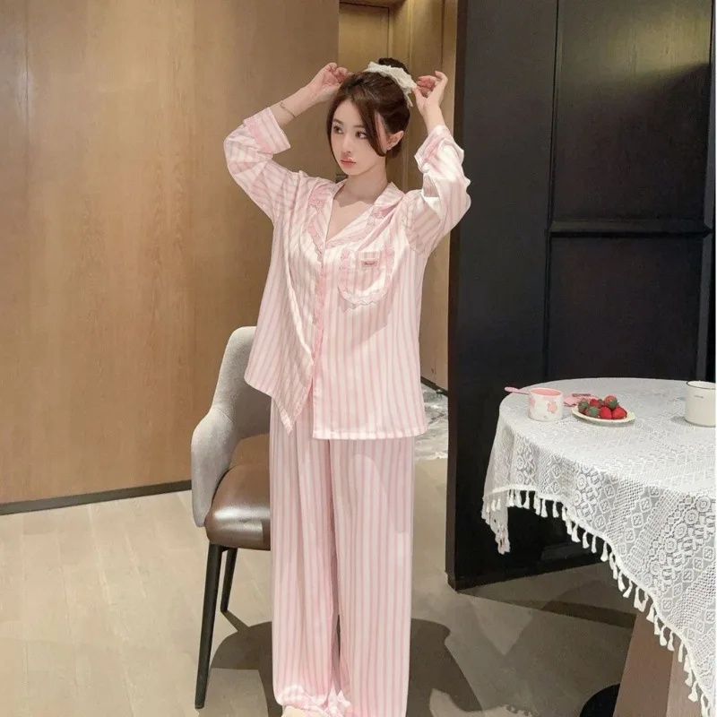 2025 Spring Autumn Fashion Pink Blue Satin Stripe Ice Silk Long Sleeve Pants Pajamas Two Piece Set Lace Side Nightgown Sleepwear