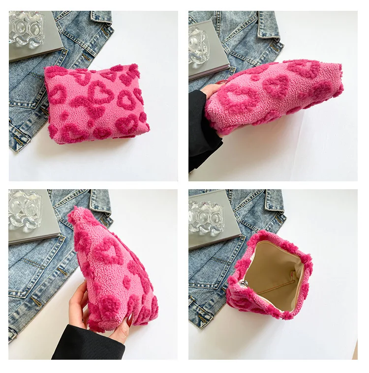 Sweet Heart Jacquard Women's Travel Clutch Storage Bag Portable Female Wash Make Up Bags Cute Ladies Soft Plush Cosmetic Bags view 5