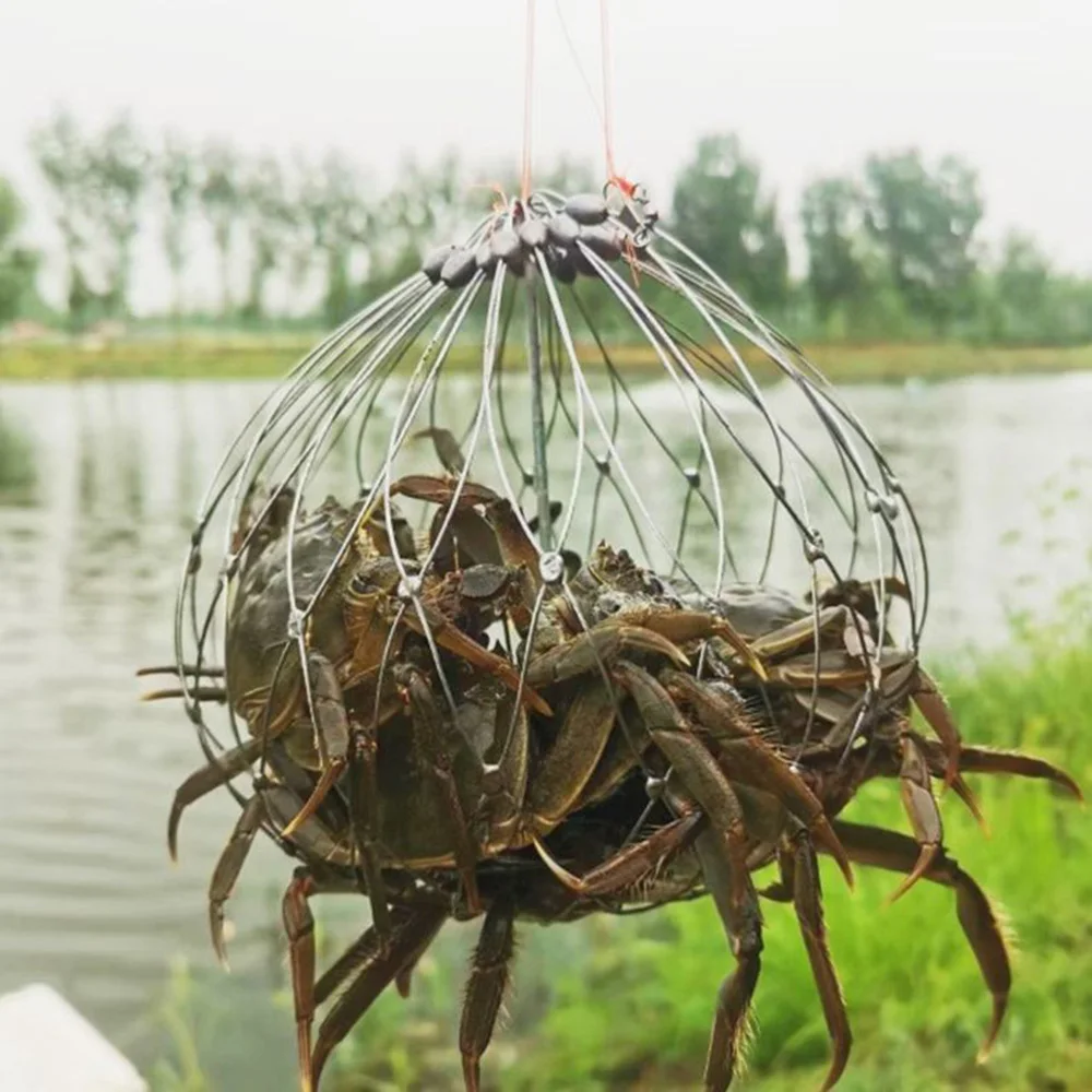 Steel Wire Crab Net Automatic Open Closing Crab Cage Fish Crab Trap Net Fishing Bait Cage Crab Catching Tool Fishing Accessories