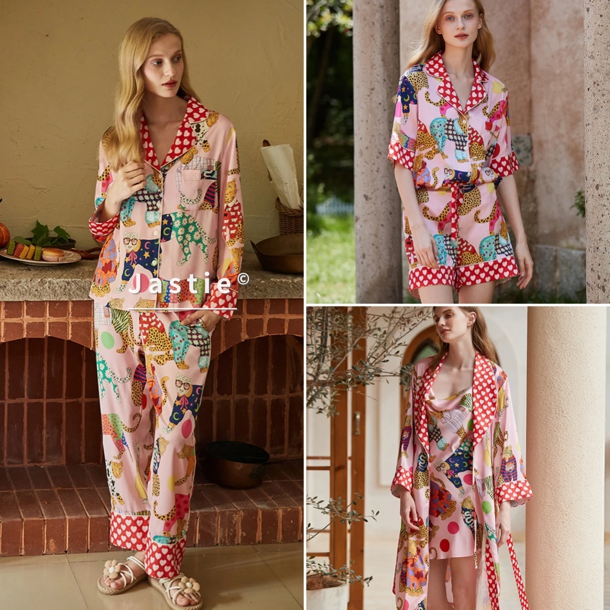 

Розовый комплект с леопардовым принтом для женщин: роскошная пижама из ледяного шелка и атласа, с милым красным декором в виде сердечек, комплект из двух предметов, 2026