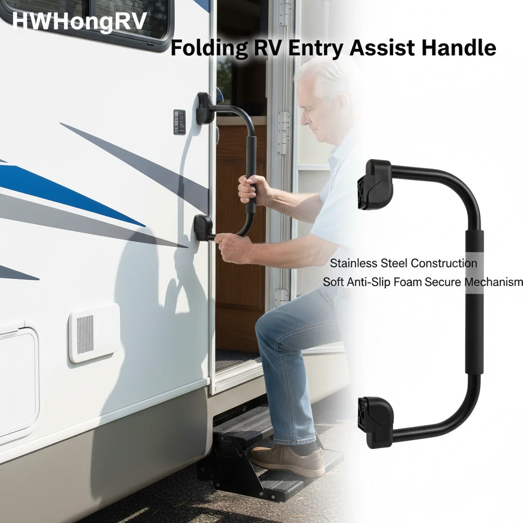 Heavy Duty Stainless Steel Folding RV Entry Door Assist Handle with Foam Grip 400lbs Load Capacity for Motorhome and Caravan