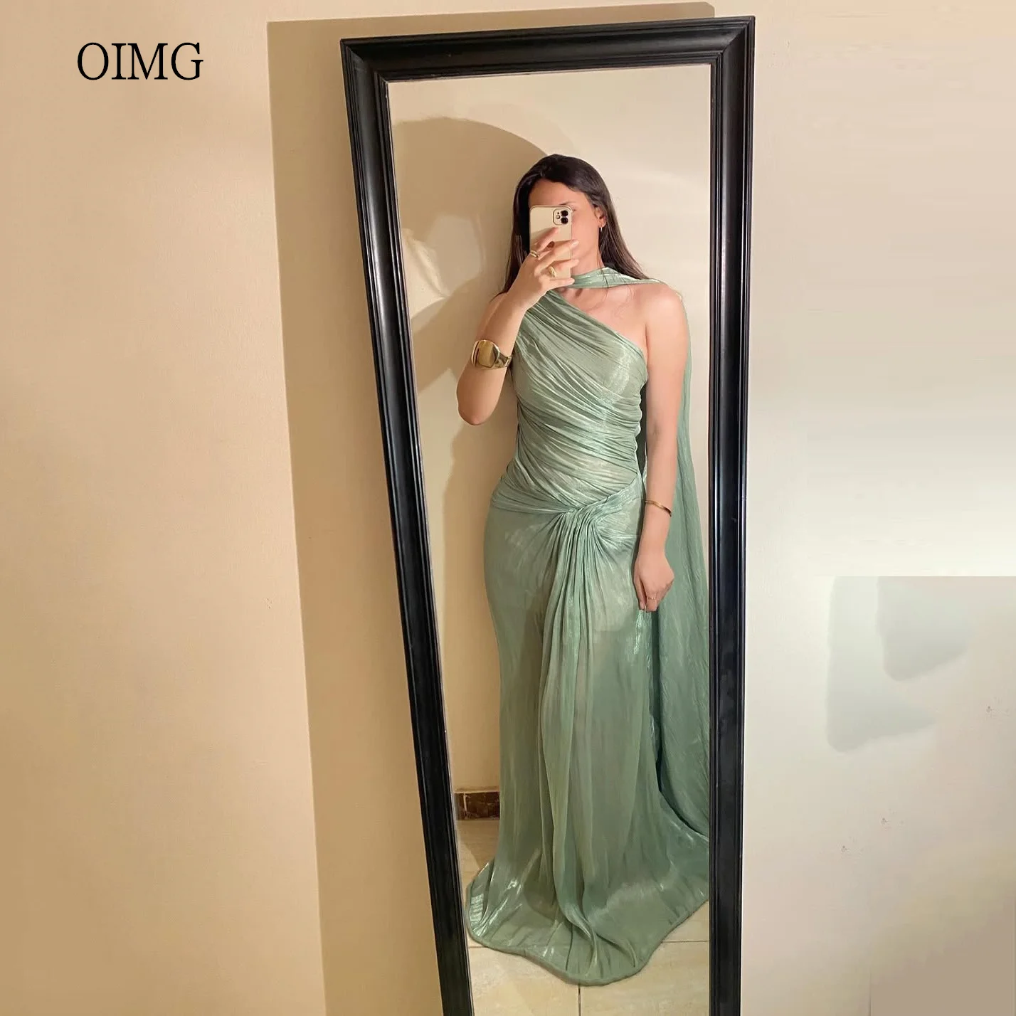 

OIMG Modern Green Mermaid Prom Gowns One Shoulder Formal Party Gown Saudi Floor Length Evening Dress Customized
