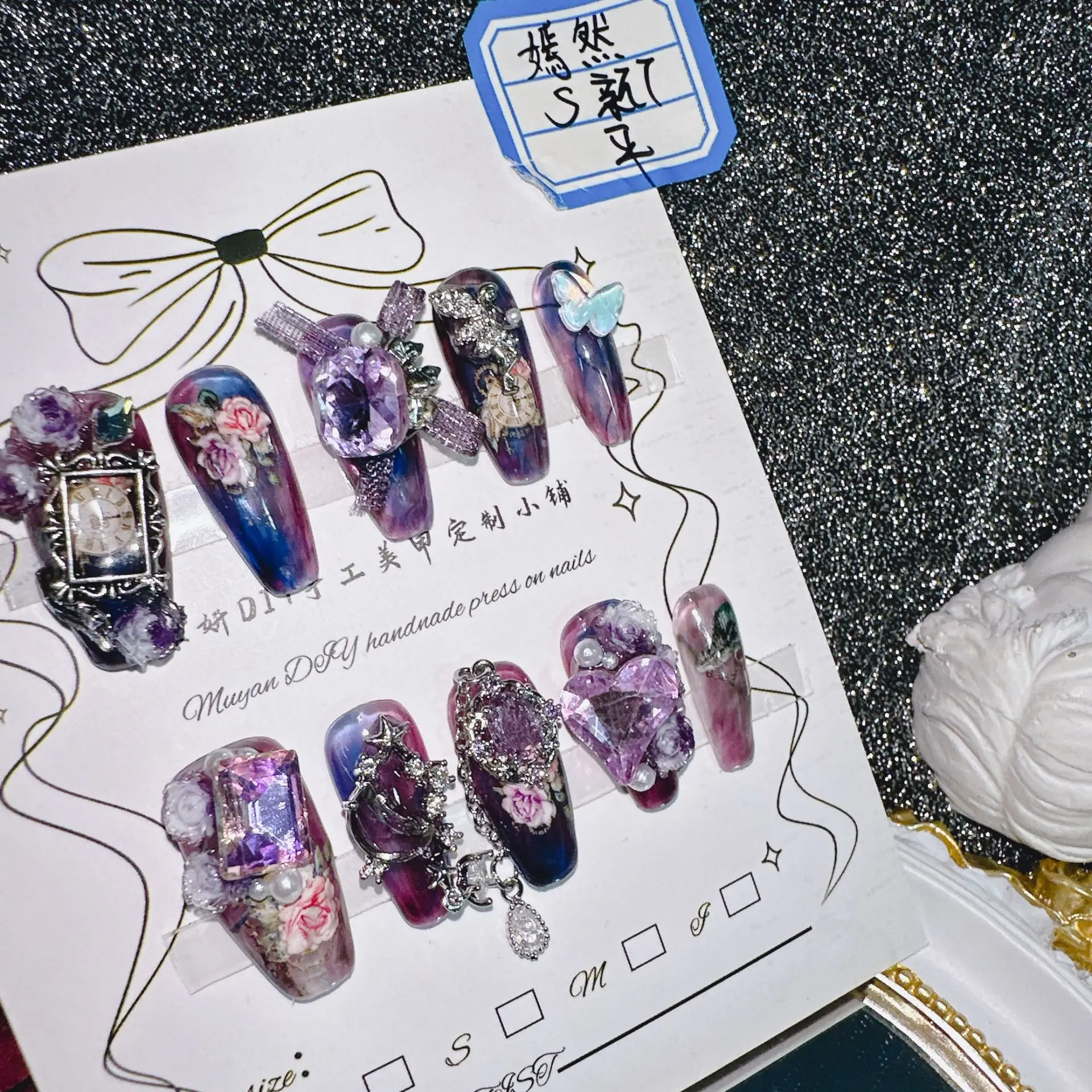 ملصقات فنية للأظافر مصنوعة يدويًا، أرجواني - أزرق متدرج، سهلة التطبيق وطويلة الأمد، مثالية للولائم #2