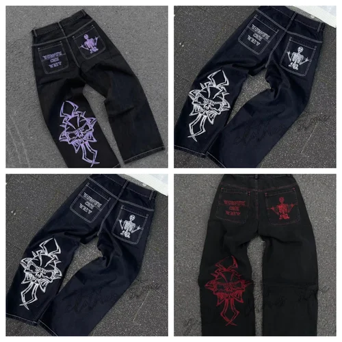 Pantalones vaqueros Y2K para hombre, pantalones vaqueros holgados lavados con bordado de calavera retro de hip-hop, pantalones de pierna ancha holgados informales de pierna recta, ropa de calle