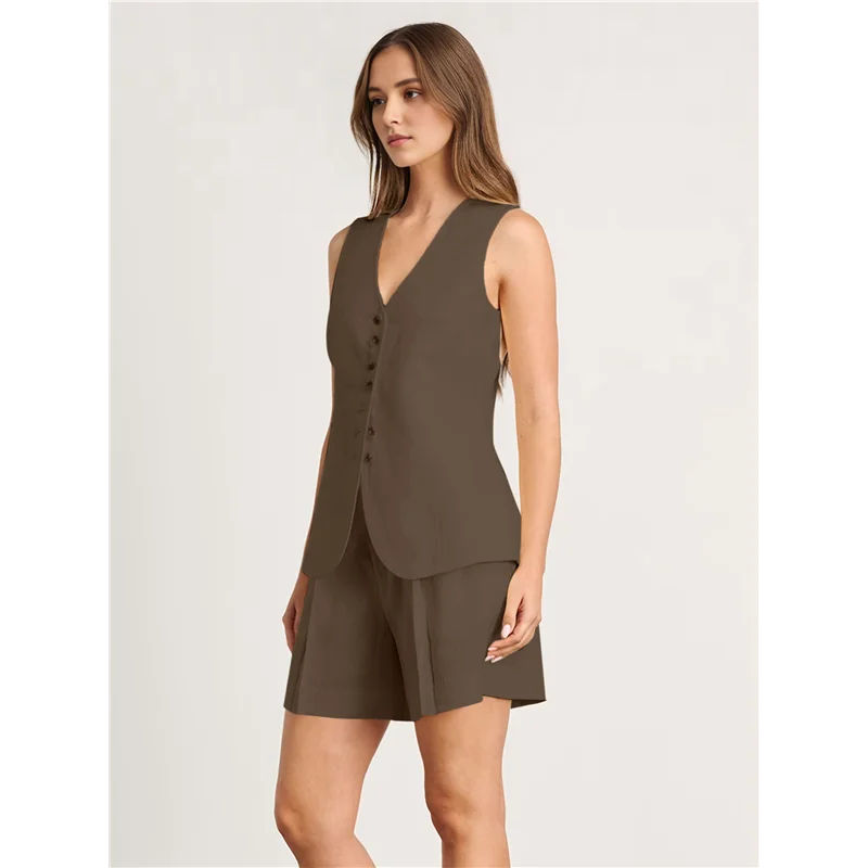 ชุดเสื้อกั๊กและกางเกงขาสั้นผ้าฝ้ายลินินสำหรับผู้หญิง คอกลม แขนกุด ทรงเข้ารูป เหมาะสำหรับใส่ทำงานหรือลำลองในฤดูร้อน